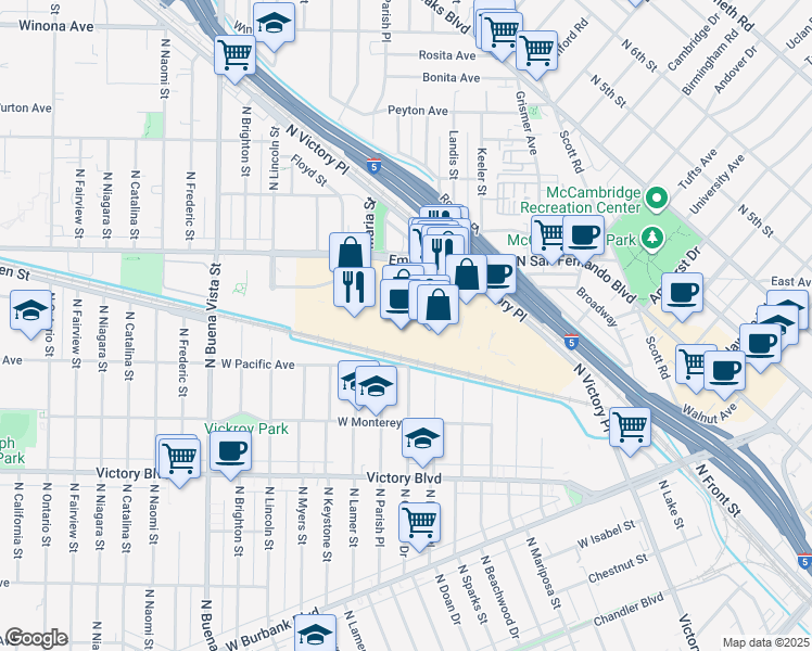 map of restaurants, bars, coffee shops, grocery stores, and more near 1800 West Empire Avenue in Burbank
