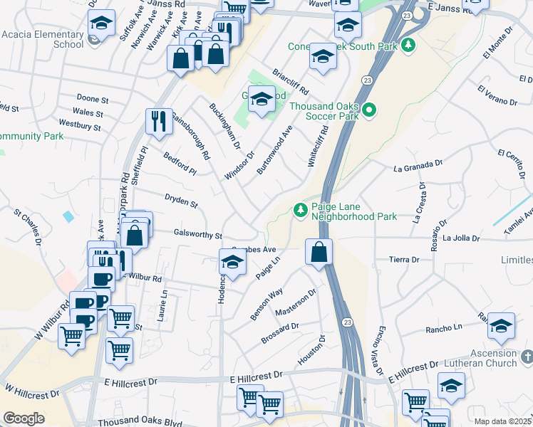 map of restaurants, bars, coffee shops, grocery stores, and more near 962 Whitecliff Road in Thousand Oaks