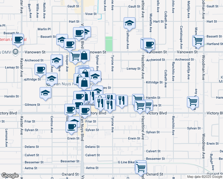 map of restaurants, bars, coffee shops, grocery stores, and more near 14302 Haynes Street in Los Angeles