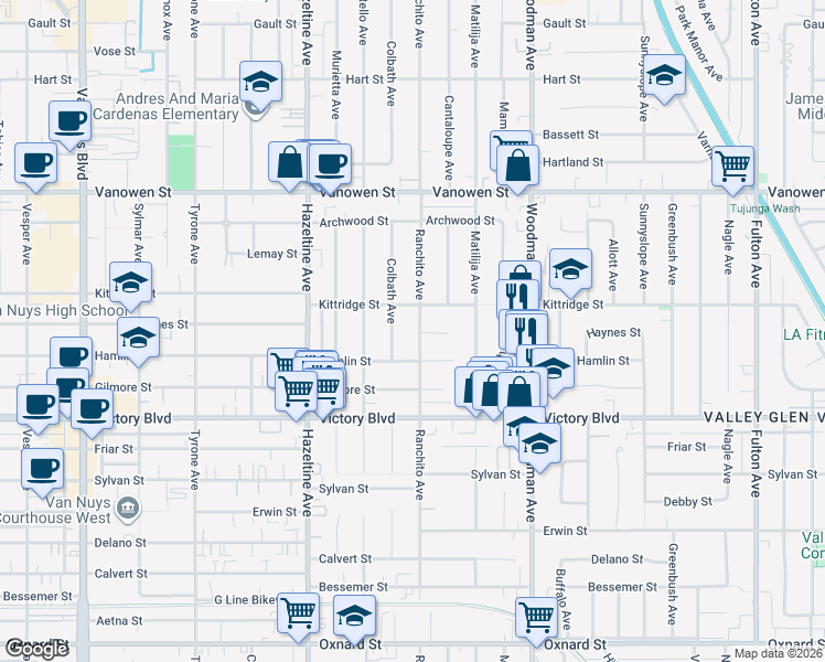 map of restaurants, bars, coffee shops, grocery stores, and more near 13859 Haynes Street in Los Angeles