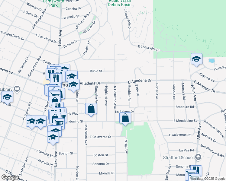 map of restaurants, bars, coffee shops, grocery stores, and more near 2539 North Holliston Avenue in Altadena