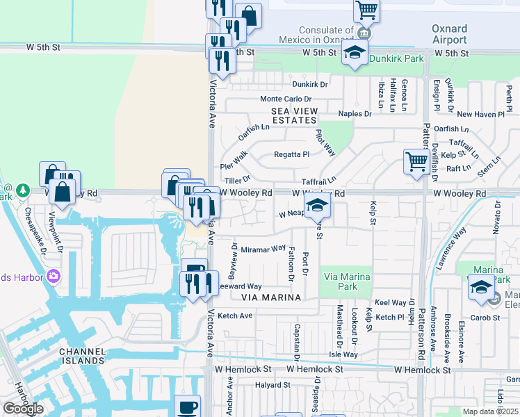 map of restaurants, bars, coffee shops, grocery stores, and more near 3621 Via Pacifica Walk in Oxnard