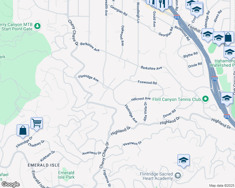 map of restaurants, bars, coffee shops, grocery stores, and more near 861 Flintridge Avenue in La Cañada Flintridge