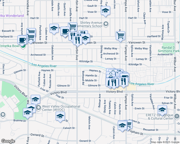 map of restaurants, bars, coffee shops, grocery stores, and more near 19560 Haynes St in Los Angeles