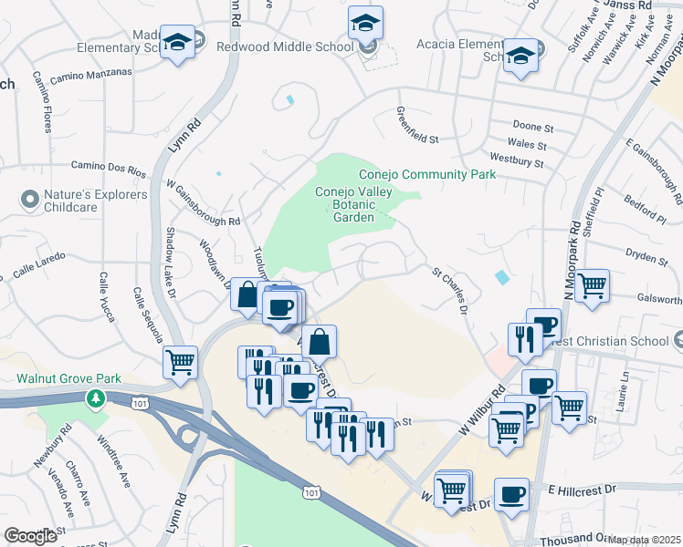 map of restaurants, bars, coffee shops, grocery stores, and more near 824 Pinetree Circle in Thousand Oaks