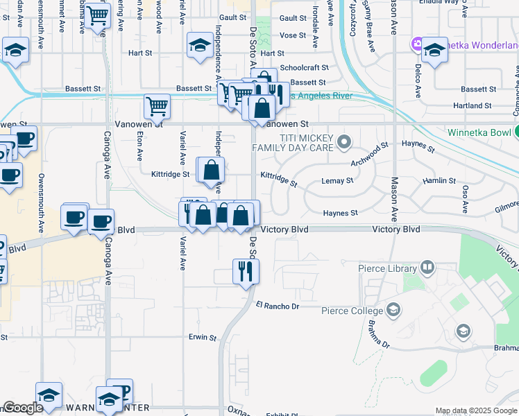 map of restaurants, bars, coffee shops, grocery stores, and more near 6511 Gazette Avenue in Los Angeles