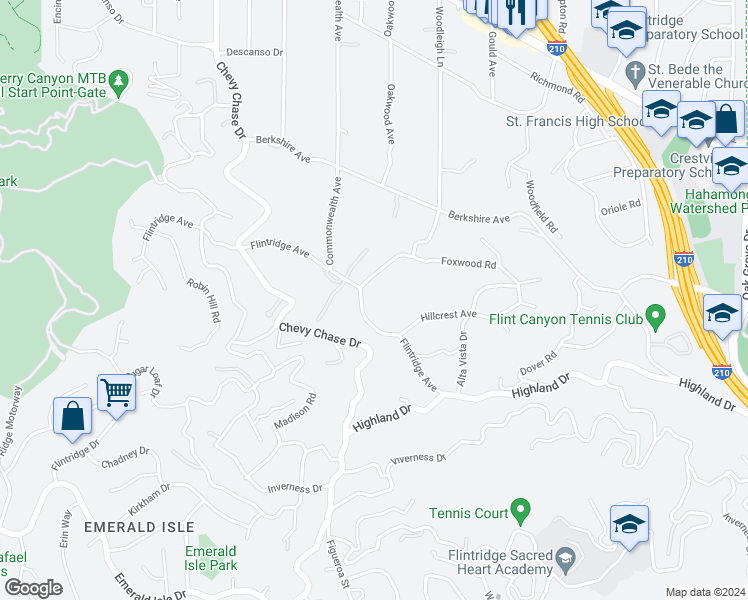 map of restaurants, bars, coffee shops, grocery stores, and more near 861 Flintridge Avenue in La Cañada Flintridge