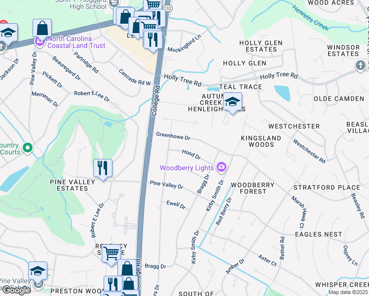 map of restaurants, bars, coffee shops, grocery stores, and more near 909 Hood Drive in Wilmington