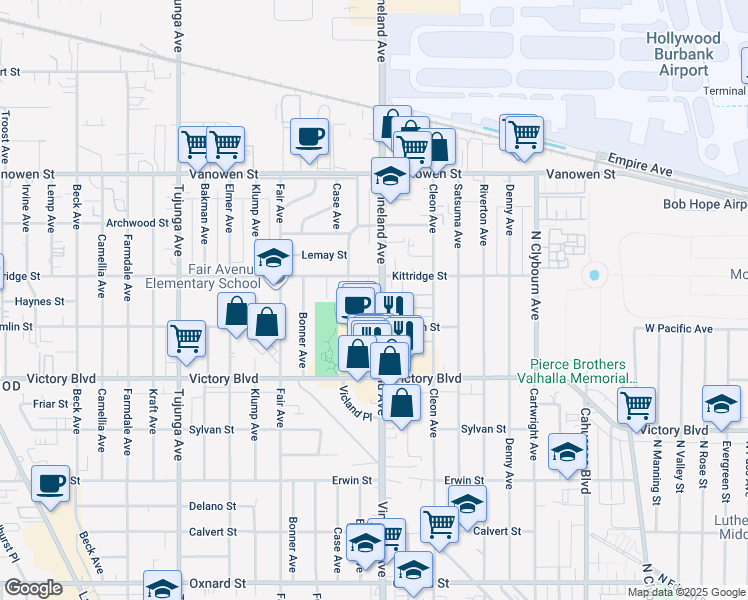 map of restaurants, bars, coffee shops, grocery stores, and more near 6539 Vineland Avenue in Los Angeles