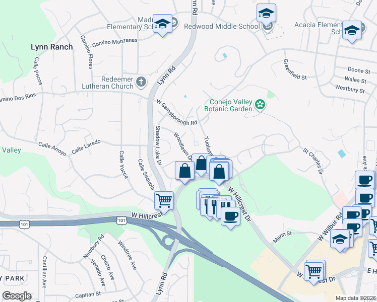 map of restaurants, bars, coffee shops, grocery stores, and more near 792 Woodlawn Drive in Thousand Oaks