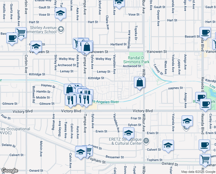 map of restaurants, bars, coffee shops, grocery stores, and more near 6551 Vanalden Avenue in Los Angeles