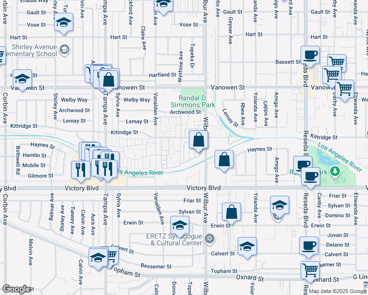 map of restaurants, bars, coffee shops, grocery stores, and more near 105 Park Avenue in Los Angeles