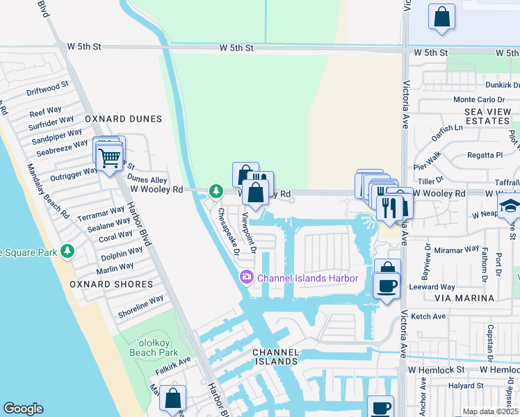 map of restaurants, bars, coffee shops, grocery stores, and more near 4320 Tradewinds Drive in Oxnard