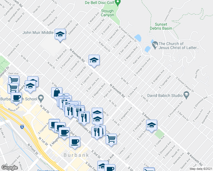 map of restaurants, bars, coffee shops, grocery stores, and more near 724 East Magnolia Boulevard in Burbank