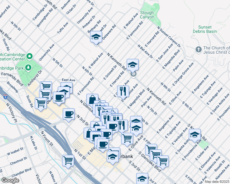 map of restaurants, bars, coffee shops, grocery stores, and more near 620 East Cypress Avenue in Burbank