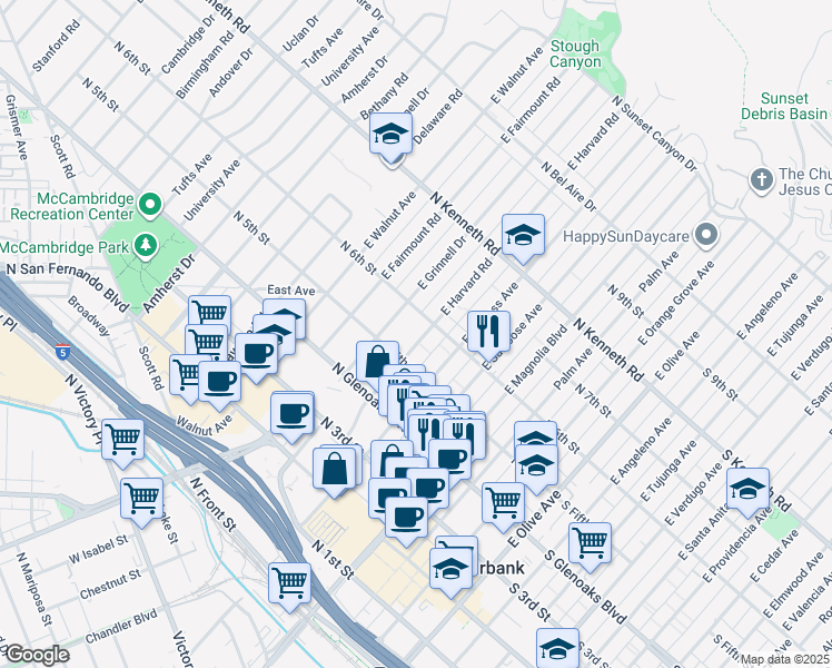 map of restaurants, bars, coffee shops, grocery stores, and more near 512 East Grinnell Drive in Burbank