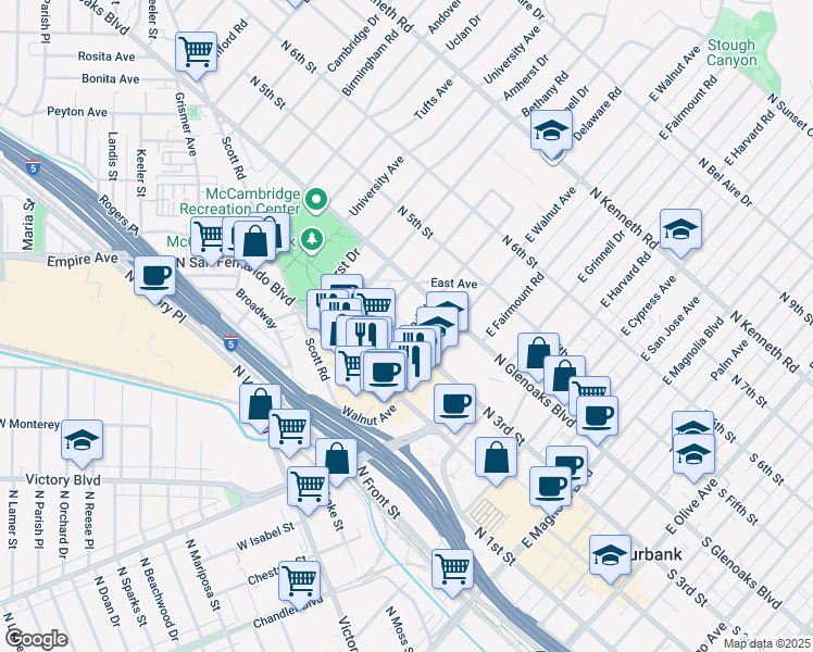 map of restaurants, bars, coffee shops, grocery stores, and more near 309 Delaware Road in Burbank