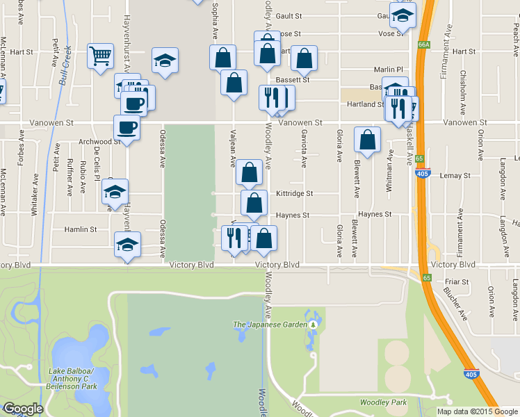 map of restaurants, bars, coffee shops, grocery stores, and more near 6530 Woodley Avenue in Los Angeles