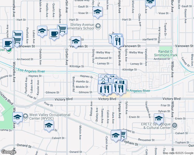 map of restaurants, bars, coffee shops, grocery stores, and more near 19419 Haynes Street in Los Angeles