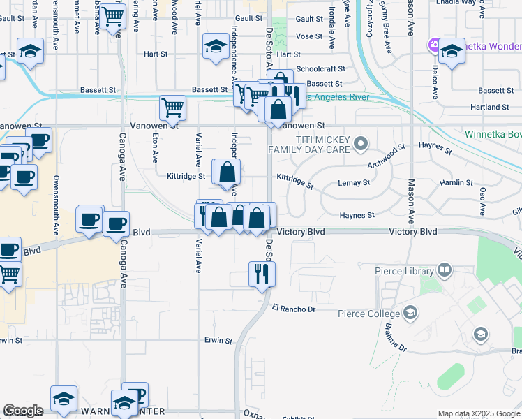 map of restaurants, bars, coffee shops, grocery stores, and more near 6511 Gazette Avenue in Los Angeles