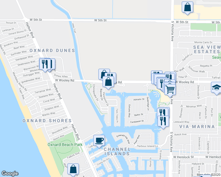 map of restaurants, bars, coffee shops, grocery stores, and more near 4330 Tradewinds Drive in Oxnard