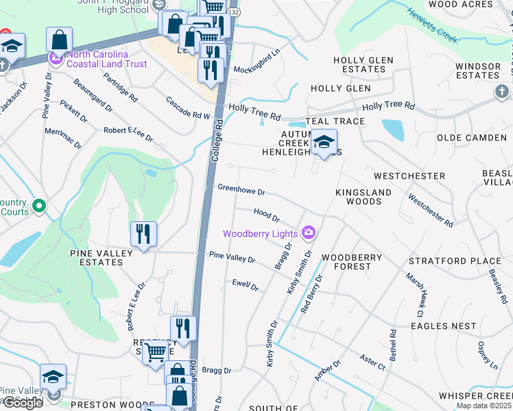 map of restaurants, bars, coffee shops, grocery stores, and more near 909 Hood Drive in Wilmington