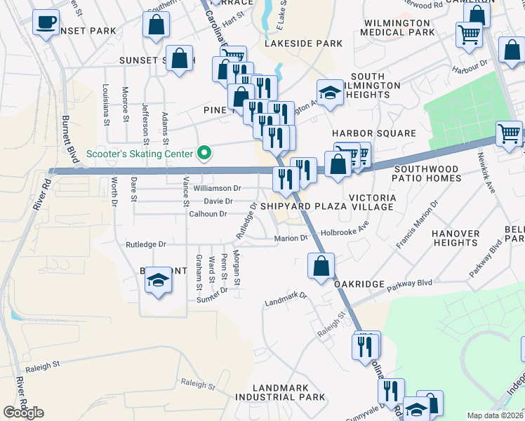 map of restaurants, bars, coffee shops, grocery stores, and more near 404 Davie Drive in Wilmington