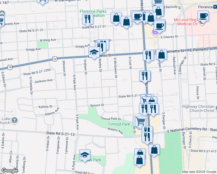 map of restaurants, bars, coffee shops, grocery stores, and more near 500 Hickory Street in Florence