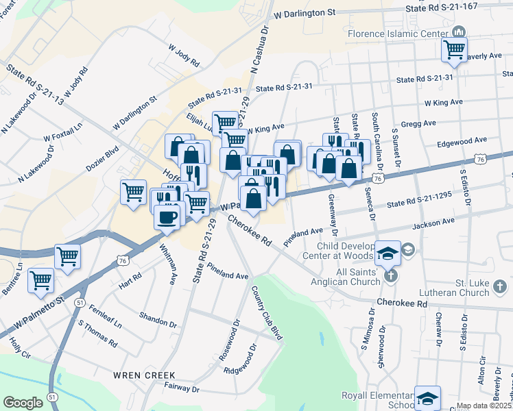 map of restaurants, bars, coffee shops, grocery stores, and more near 1720 West Palmetto Street in Florence