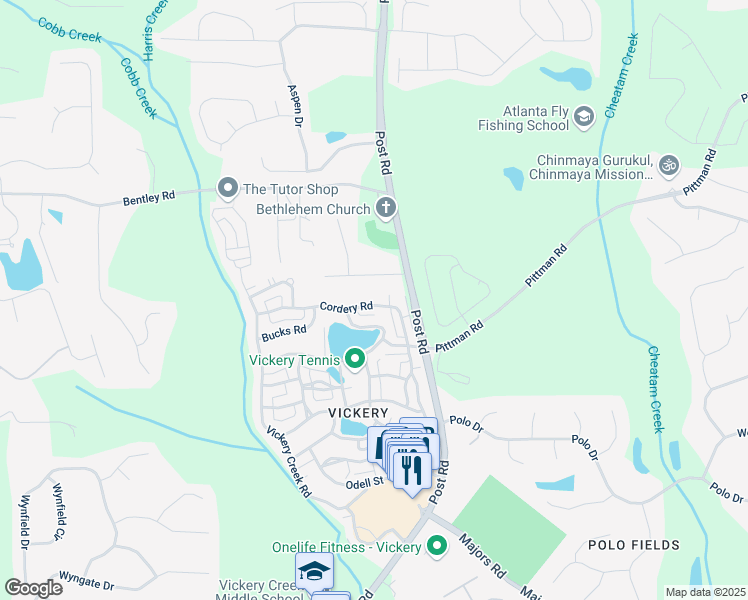 map of restaurants, bars, coffee shops, grocery stores, and more near 7315 Cordery Road in Cumming