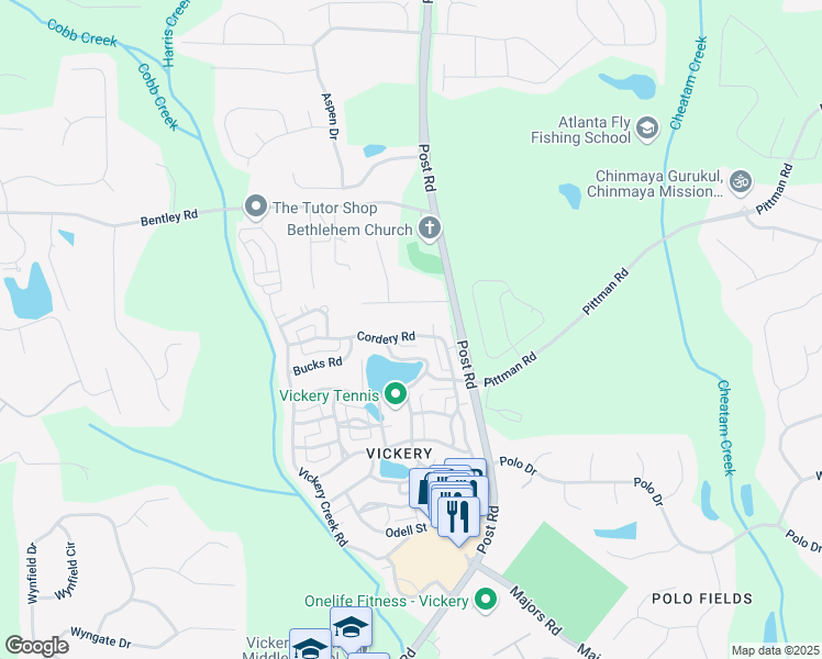 map of restaurants, bars, coffee shops, grocery stores, and more near 7285 Cordery Road in Cumming