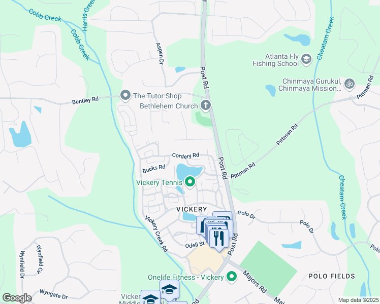 map of restaurants, bars, coffee shops, grocery stores, and more near 7235 Cordery Road in Cumming