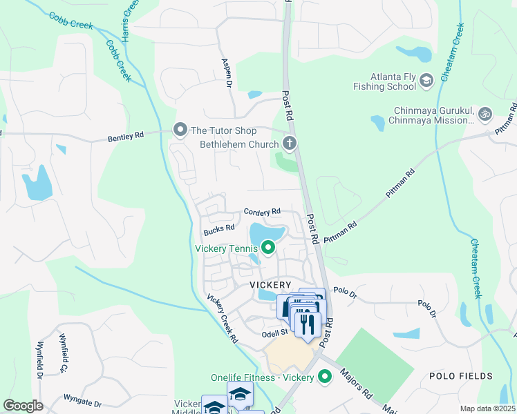 map of restaurants, bars, coffee shops, grocery stores, and more near 7165 Cordery Road in Cumming