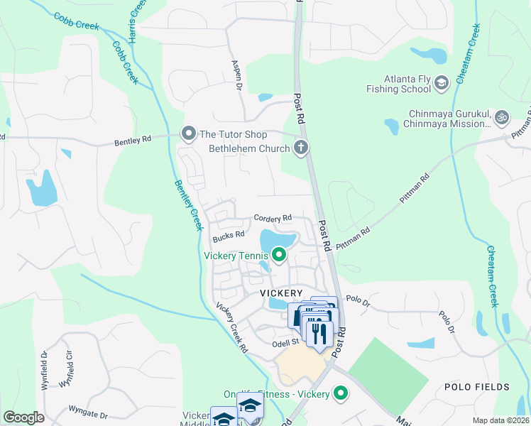 map of restaurants, bars, coffee shops, grocery stores, and more near 7155 Cordery Road in Cumming