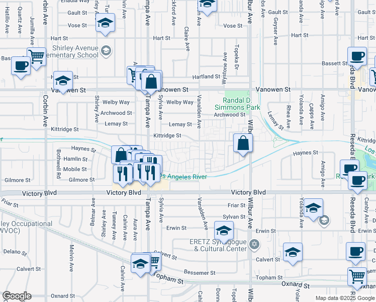 map of restaurants, bars, coffee shops, grocery stores, and more near 19142 Haynes Street in Los Angeles