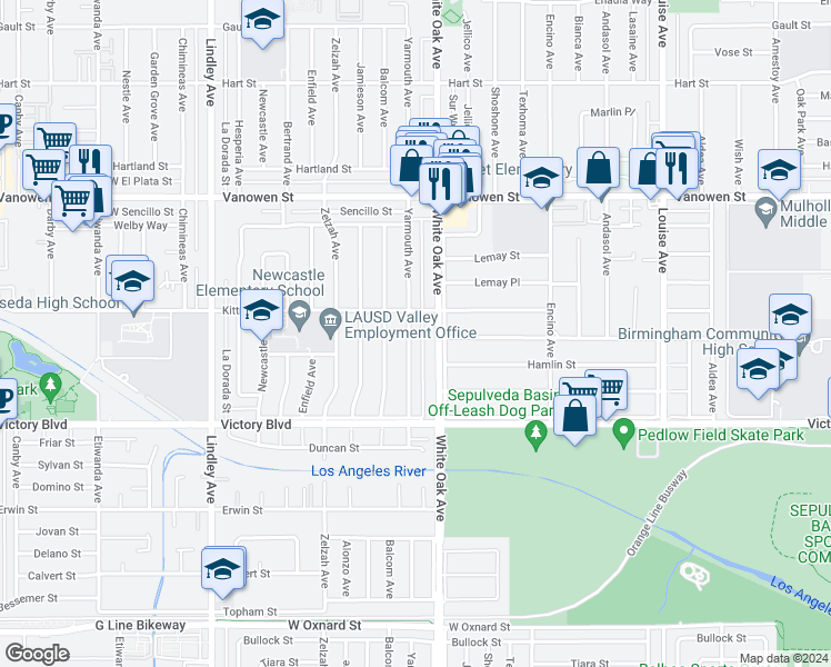 map of restaurants, bars, coffee shops, grocery stores, and more near 6534 Yarmouth Avenue in Los Angeles