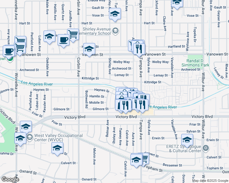 map of restaurants, bars, coffee shops, grocery stores, and more near 19425 Haynes Street in Los Angeles