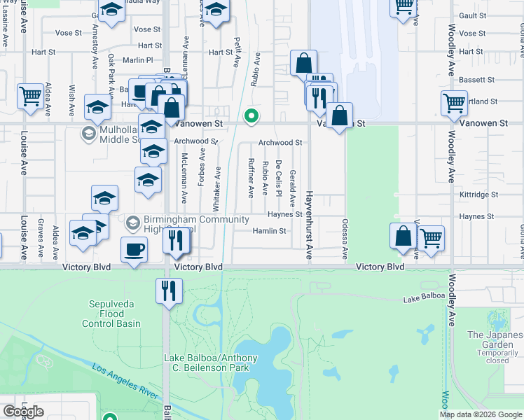 map of restaurants, bars, coffee shops, grocery stores, and more near 6525 Rubio Avenue in Los Angeles