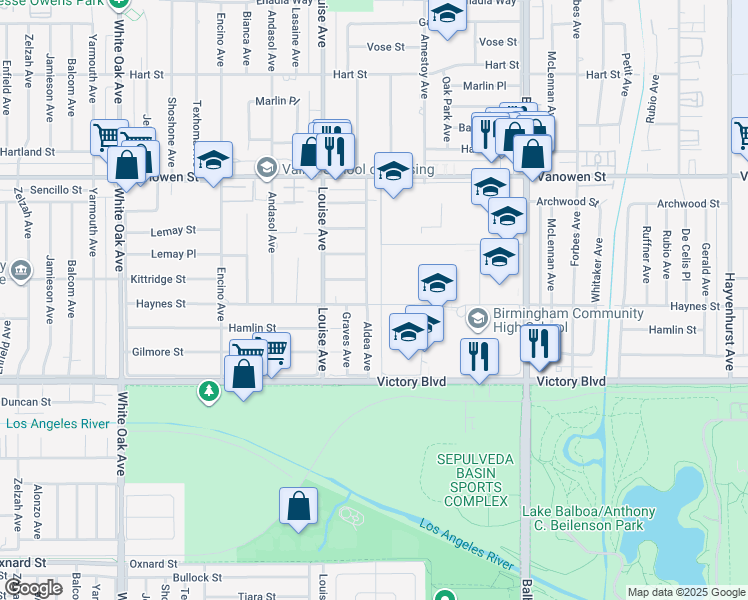 map of restaurants, bars, coffee shops, grocery stores, and more near 6530 Aldea Avenue in Los Angeles
