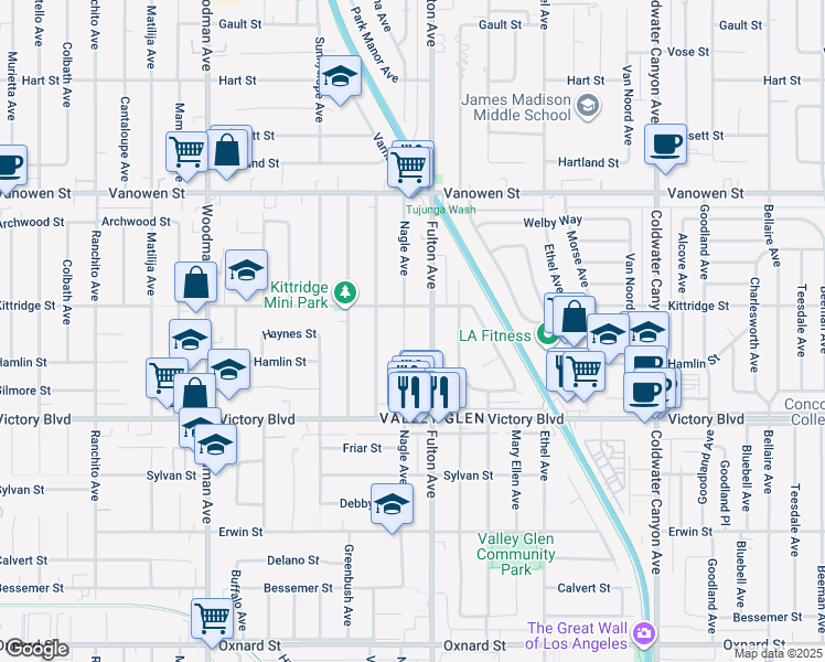 map of restaurants, bars, coffee shops, grocery stores, and more near 6536 Nagle Avenue in Los Angeles