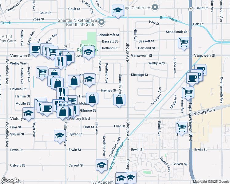 map of restaurants, bars, coffee shops, grocery stores, and more near 6544 Capistrano Avenue in Los Angeles