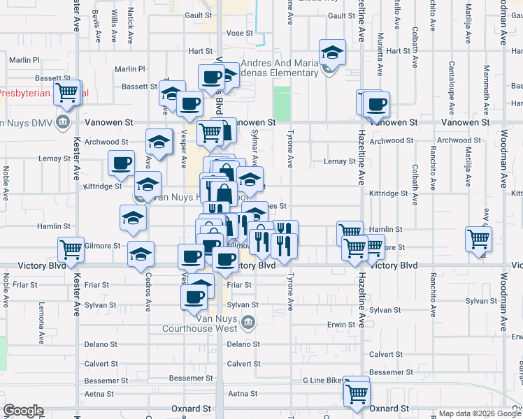 map of restaurants, bars, coffee shops, grocery stores, and more near 14348 Haynes Street in Los Angeles