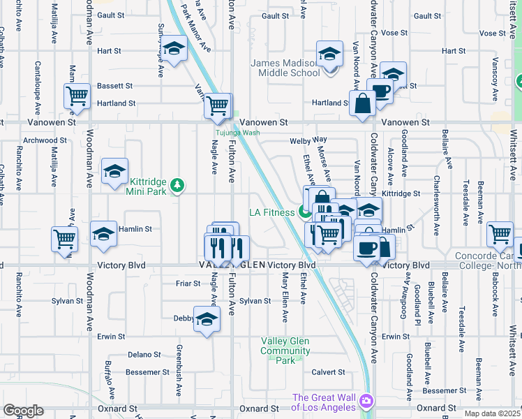 map of restaurants, bars, coffee shops, grocery stores, and more near 6535 Mary Ellen Avenue in Los Angeles