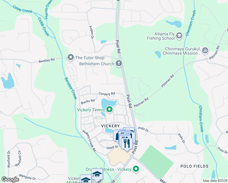 map of restaurants, bars, coffee shops, grocery stores, and more near 7315 Cordery Road in Cumming