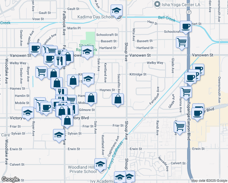map of restaurants, bars, coffee shops, grocery stores, and more near 6544 Capistrano Avenue in Los Angeles