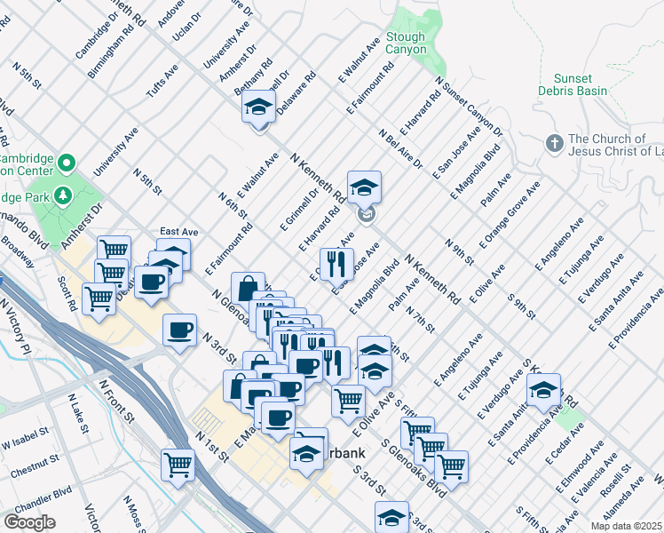 map of restaurants, bars, coffee shops, grocery stores, and more near 620 East Cypress Avenue in Burbank