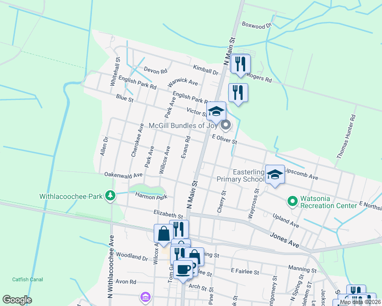 map of restaurants, bars, coffee shops, grocery stores, and more near 1002 Evans Road in Marion