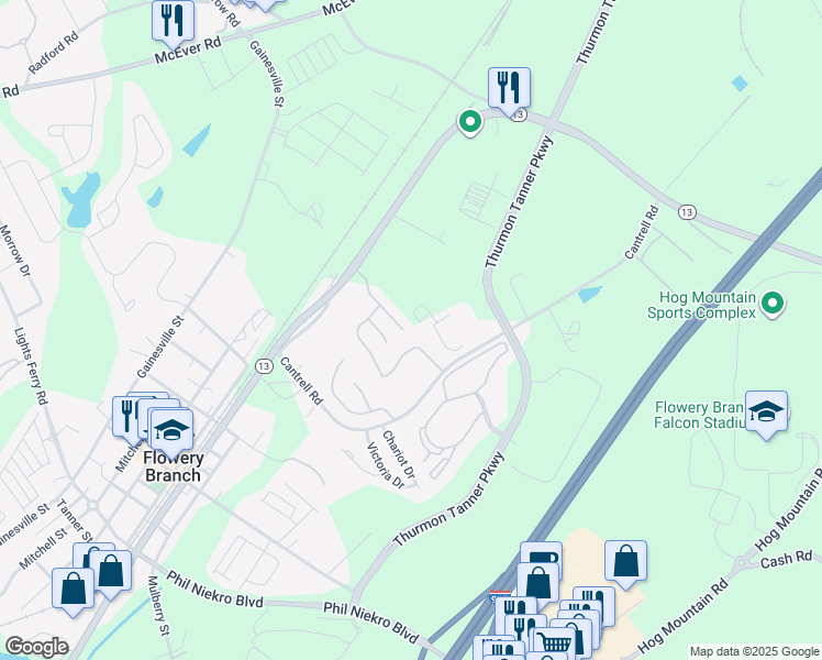 map of restaurants, bars, coffee shops, grocery stores, and more near 4906 Vireo Drive in Flowery Branch