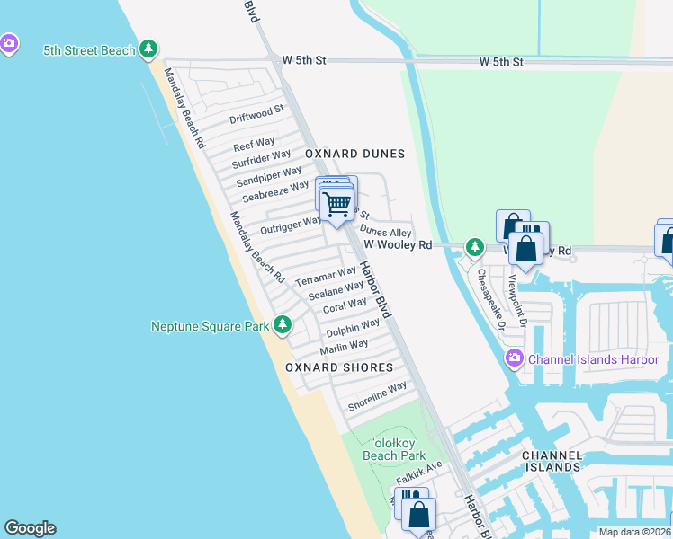 map of restaurants, bars, coffee shops, grocery stores, and more near 5033 Terramar Way in Oxnard