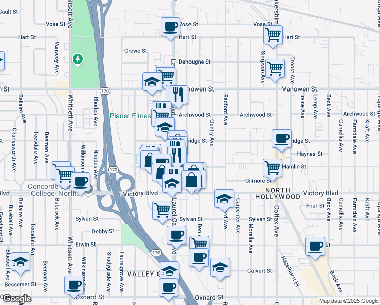 map of restaurants, bars, coffee shops, grocery stores, and more near 6534 Agnes Avenue in Los Angeles